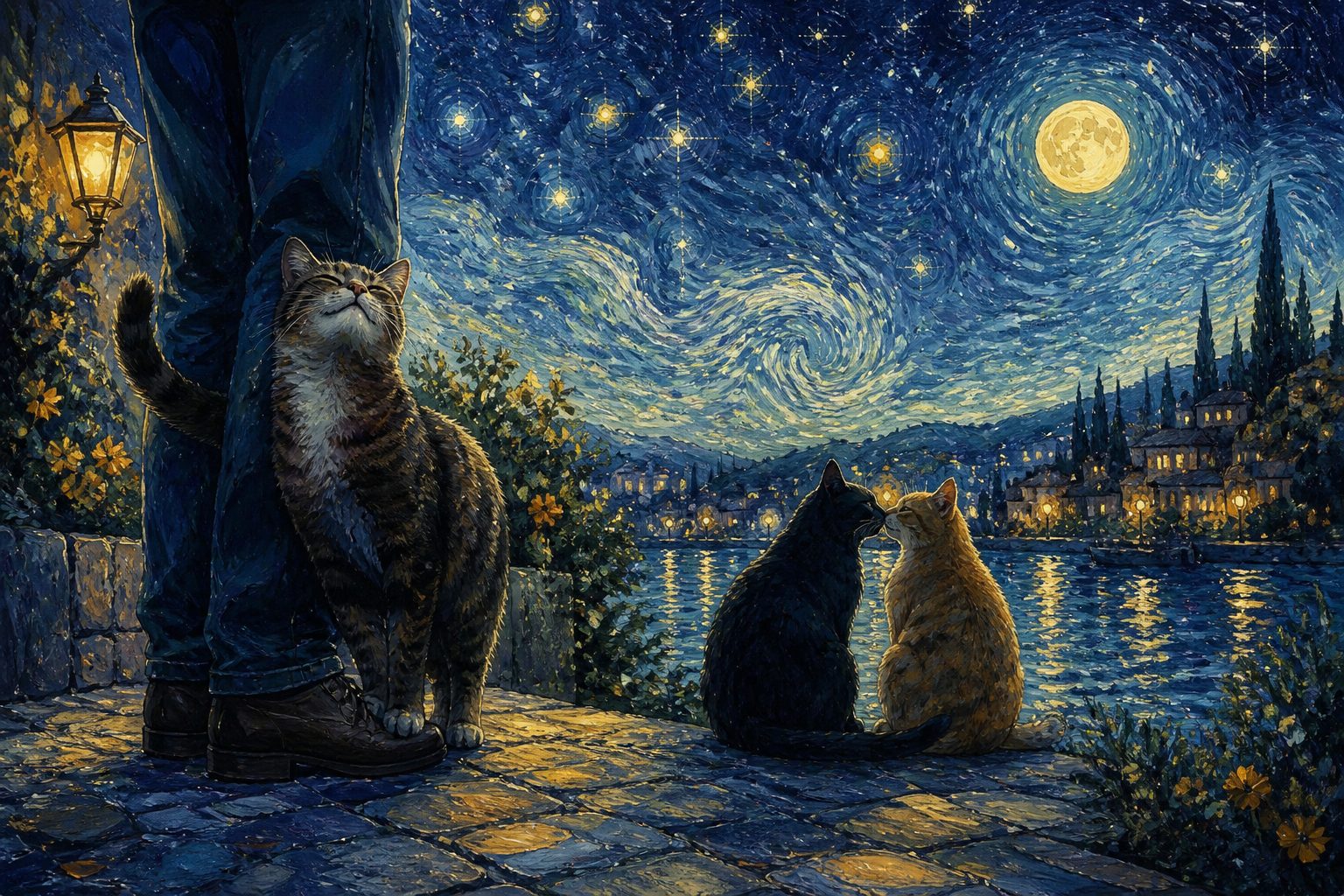 Two cats under a Van Gogh starry night sky by a moonlit waterfront